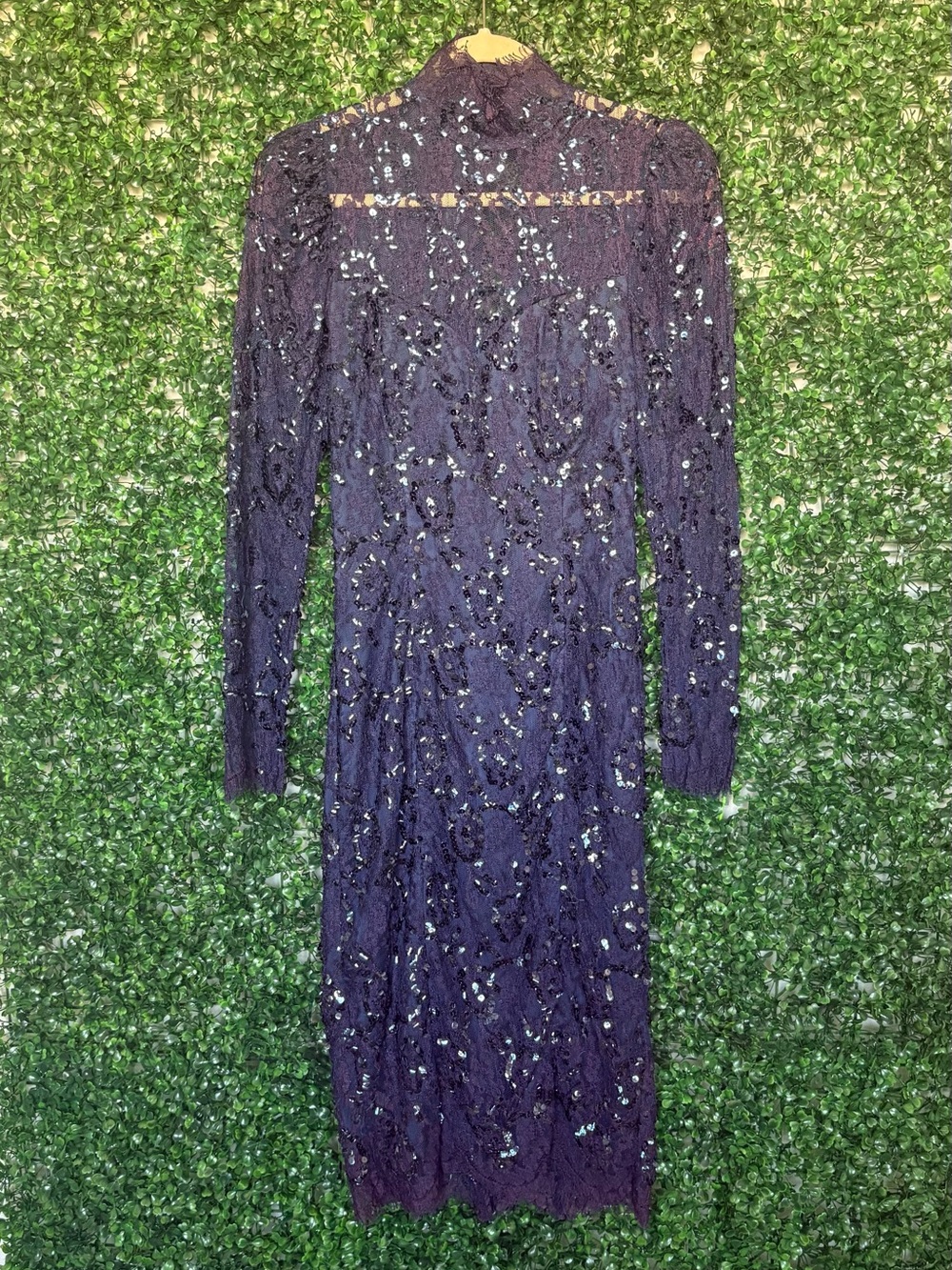Jessica McClintock Navy Blue Sequin Lace Long Sleeve Midi Dress